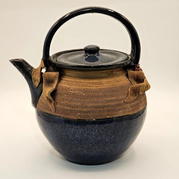 Signed Vintage Ribbed Studio Pottery Teapot with Lid - Floral Berry Accents - Picture 3 of 8